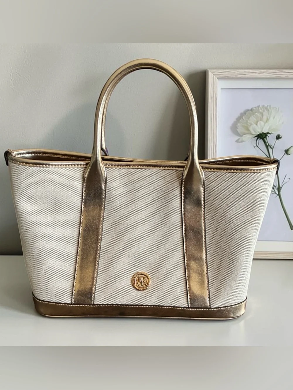 Michael Kors Luisa Medium Cotton Cream Canvas Tote with Gold Trim